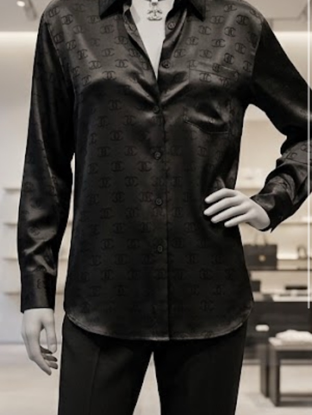 Brand New Black Satin Long-Sleeve Shirt with Subtle Logo